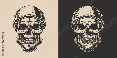 Set of vintage retro scary skull. Can be used like emblem, logo, badge, label. mark, poster or print. Monochrome Graphic Art. Vector. Hand drawn element in engraving