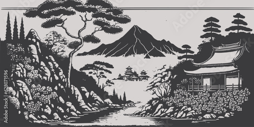 VIntage retro engraving style  Japan Asian juji mountain with trees nature wild landscape. Background outdoor adventure vibe. Graphic Art Vector