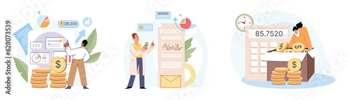 People analysis budget. Calculate financial plan of save income and expense management. Accounting and money concept. Set of employees check business plan. Business metaphor
