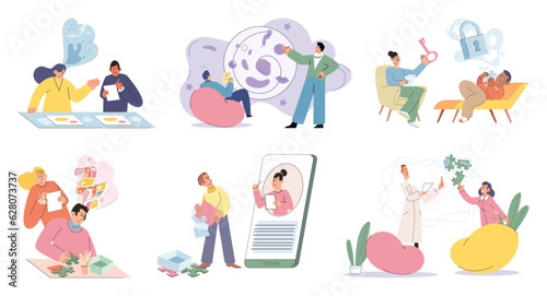 Mental therapy sessions with psychotherapists scenes set. Correction of patients behavior and emotions, aimed at getting rid of certain fears and complexes. Psychoanalysis and therapy with therapist