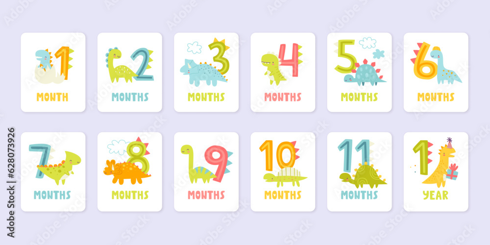 Set of dino cards with numbers for a newborn by months. Dinosaurs tag monthly collection for babies. - obrazy, fototapety, plakaty 