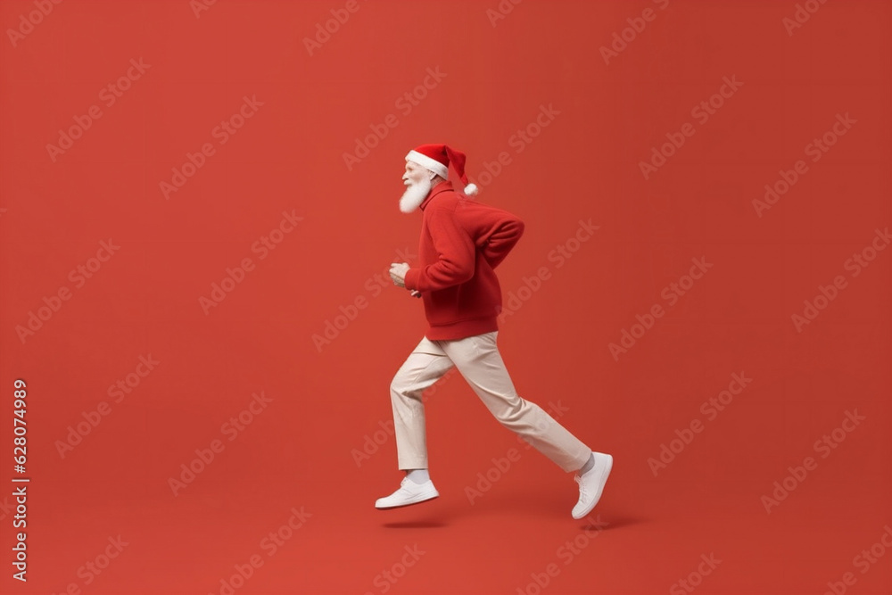 man isolated holiday red present christmas run santa claus gift hurry. Generative AI.