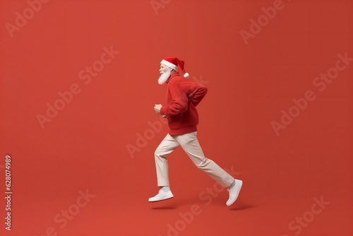 man isolated holiday red present christmas run santa claus gift hurry. Generative AI.