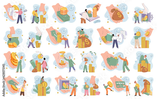 Businessman investor with coins. Employee or entrepreneur puts money in stack, calculates profit. Financial literacy and passive income, successful investor. Person stands holding credit bank card
