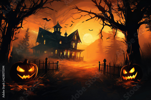 Halloween pumpkin head jack lantern with burning candles, Spooky Forest with a full moon and wooden table, Pumpkins In Graveyard In The Spooky Night - Halloween Backdrop. Ai Generative photo