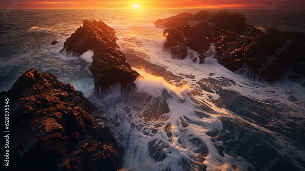 Fototapeta premium Seascape with neon sunset, ocean waves and rocks. Generative AI