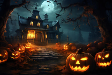 Halloween pumpkin head jack lantern with burning candles, Spooky Forest with a full moon and wooden table, Pumpkins In Graveyard In The Spooky Night - Halloween Backdrop. Ai Generative