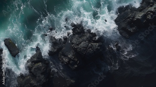 Ocean waves and rocks, sea beautiful background, top view. Generative AI