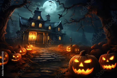 Foto Halloween pumpkin head jack lantern with burning candles, Spooky Forest with a full moon and wooden table, Pumpkins In Graveyard In The Spooky Night - Halloween Backdrop