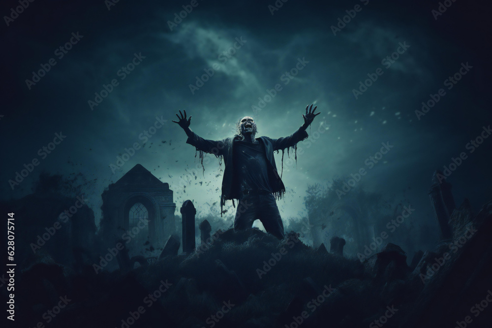 Zombie Hand Rising Out Of A Graveyard In Spooky Night, Halloween Backdrop. Ai Generative Zombie Hand Rising Out Of A Graveyard In Spooky Night, Halloween Backdrop. Ai Generative