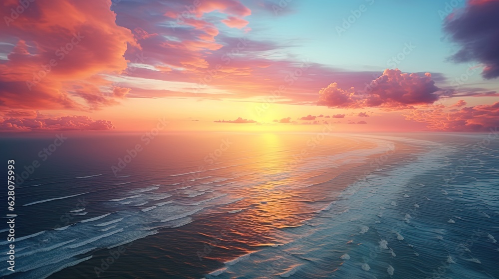 Beautiful sea sunset, neon light, sea waves, sand desert. Generative AI