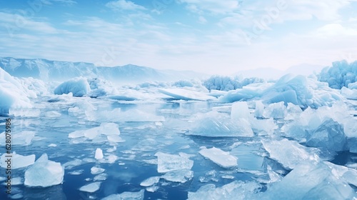 Frozen water in the lake, arctic winter landscape. Generative AI