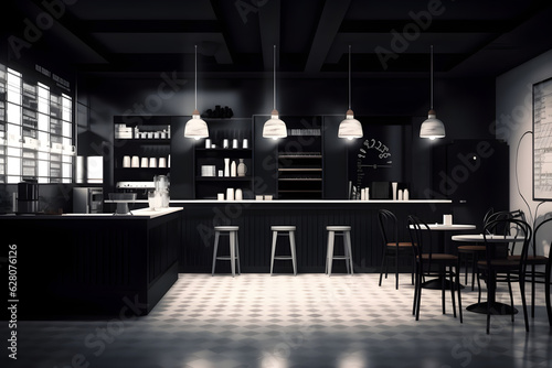 Dark bar interior with black and white walls, concrete floor, black bar counter with stools and wooden cupboards. Generative AI