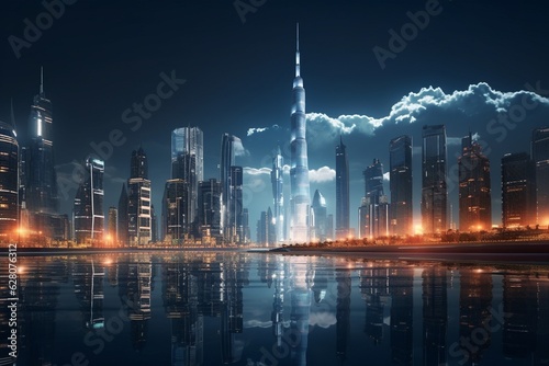 Cityscape photography with towering skyscrapers and night lights, Generative AI © Nino47