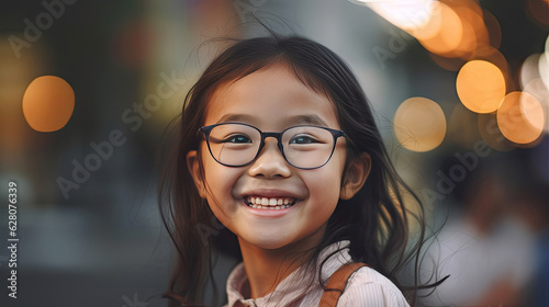 Happy satisfied asian girl wearing glasses portrait outside. Generative Ai