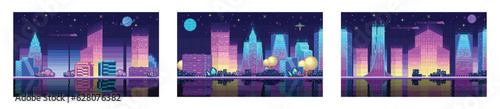 Cyberpunk neon city night. Futuristic city scene in a style of pixel art. Pixel art game background. Street in a cyberpunk city. Pixel art set illustration of cityscape at night with skyscrapers