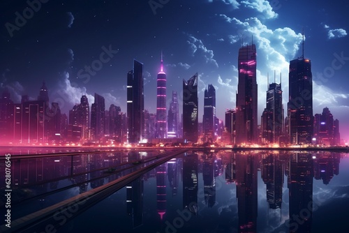 Cityscape photography with towering skyscrapers and night lights, Generative AI