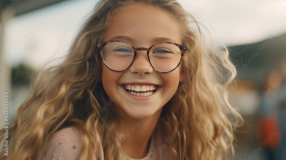 Happy satisfied girl wearing glasses portrait outside. Generative Ai Happy satisfied girl wearing glasses portrait outside. Generative Ai