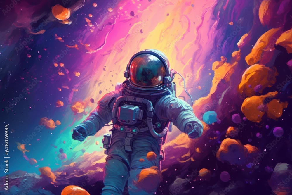 Illustration of a man in an astronaut suit walking through space, created using generative AI