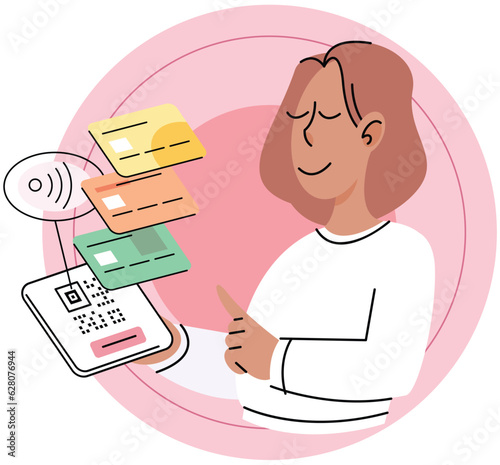 Woman touching mobile screen for payment by scan QR code to paying for online purchases. Contactless payment. People at shop or supermarket make transaction using smartphone app, mobile cashless