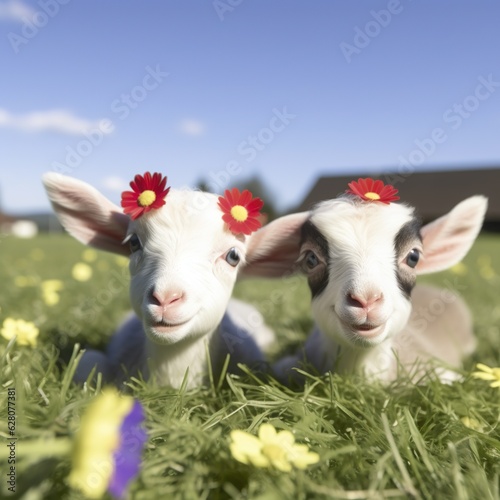 Sheep and lambs. Two little baby goats playing in the meadow. generative ai photo