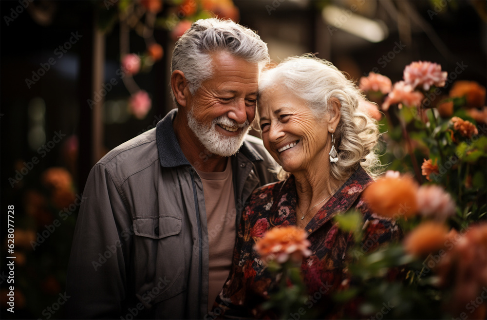 Fototapeta premium retired couple, hugging each other with smiles on their faces, situated in an outdoor setting