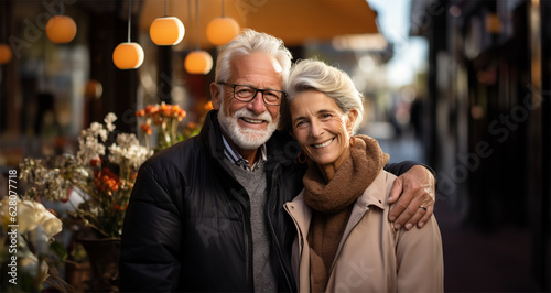 retired couple, hugging each other with smiles on their faces, situated in an outdoor setting