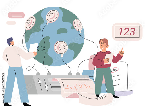 Scientists conduct research to study planet Earth, make experiments to determine level of climate change, state and degree of pollution of air, use lab equipment to identify environmental problems