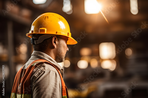 worker with helmet on focus and industrial background ai generated art