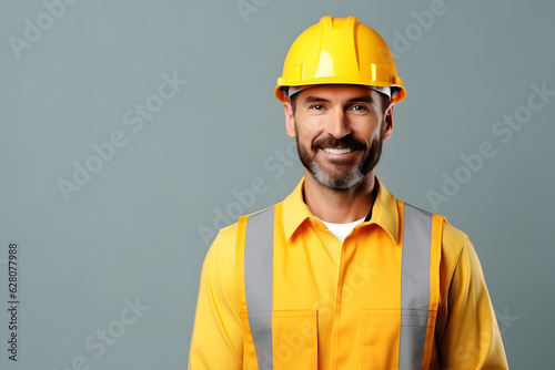 portrait of a worker with yellow hard hat and copy space on left side ai generated art 