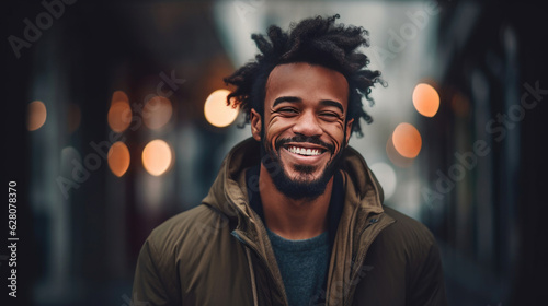 Happy satisfied black people man portrait outside. Generative Ai