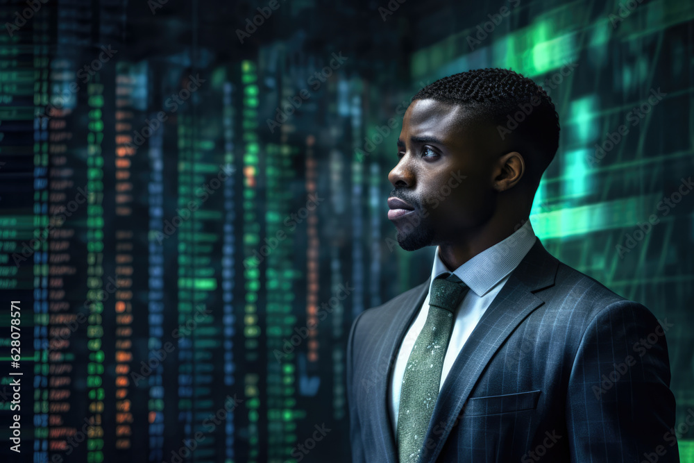 African American trader next to a stock market screen late in the evening. Generative AI. African American trader next to a stock market screen late in the evening. Generative AI.