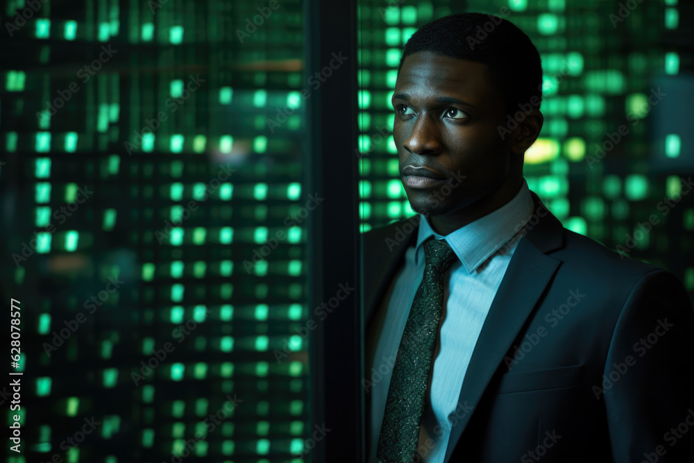 African American trader next to a stock market screen late in the evening. Generative AI. African American trader next to a stock market screen late in the evening. Generative AI.