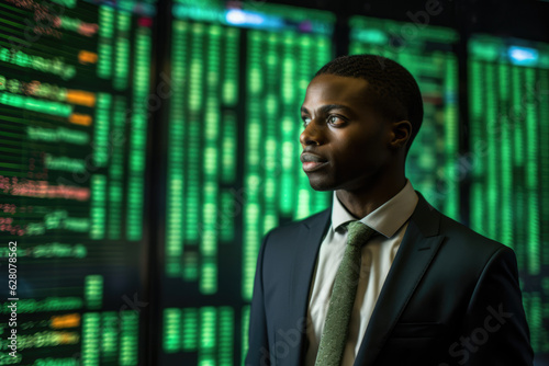 African American trader next to a stock market screen late in the evening. Generative AI.