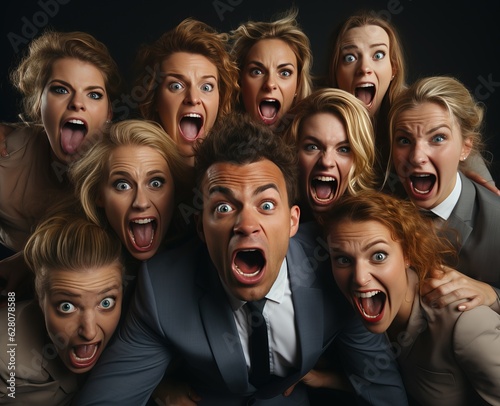group of people shouting, g...