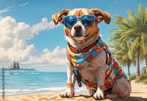 Illustration of dog wearing sunglass on vacation at beach  © Zahfran