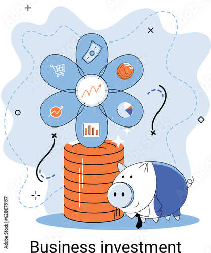 Business investment metaphor. Investment capital for profit and income multiplying. Buying shares and funds, modern economy. Investor strategy, financing business activities. Active or passive income