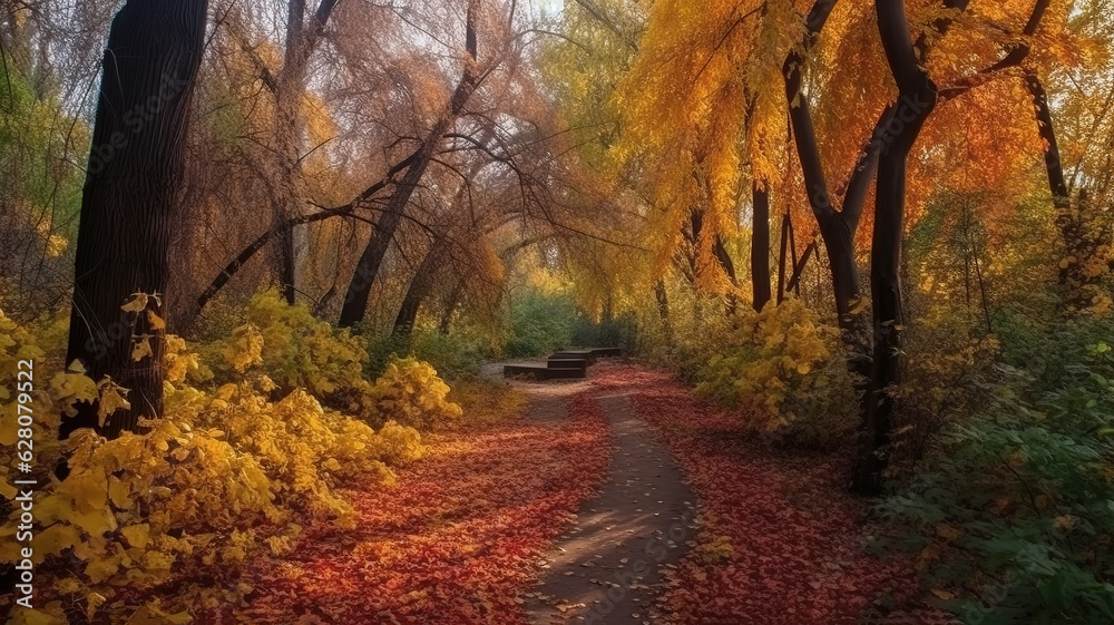 Orange autumn tree alley in the park. golden autumn colors. beautiful nature. Generative Ai Orange autumn tree alley in the park. golden autumn colors. beautiful nature. Generative Ai
