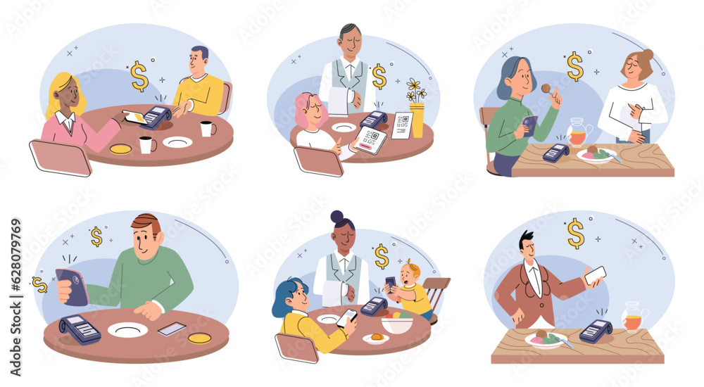 Fototapeta premium Cashless payment by mobile phone in cafe. Customer paying for lunch with smartphone, using contactless wireless POS-terminal and NFC technology. Modern digital payment system for client in restaurant
