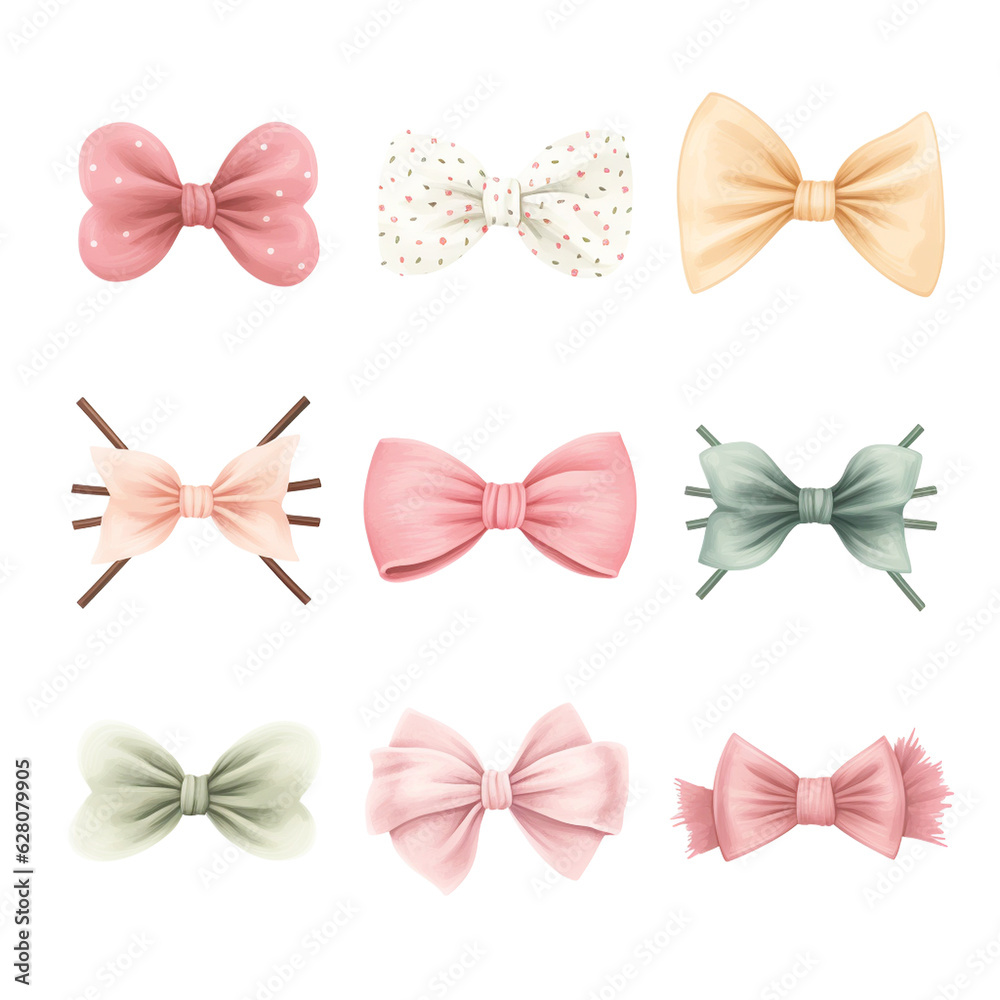 Baby girl headbands with adorable bows, transparent background, watercolor style, baby shower Generative AI