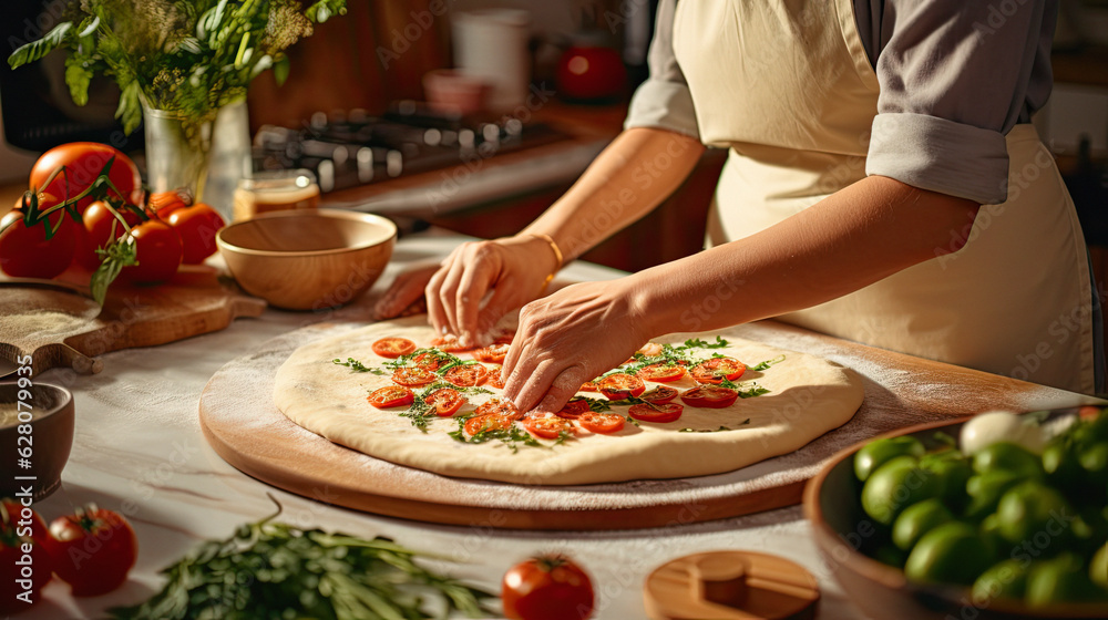 Women's Hands Crafting a Freshly Cooked Traditional Pizza in a Cozy Home Kitchen. ai generative