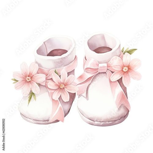 Baby girl booties with tiny flower embellishments, transparent background, watercolor style, baby shower Generative AI