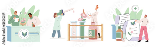 Herbal oils natural medicines. Scientist or doctor making alternative medicine herb, mortar, laboratory glassware plant in tube, flower. Doctor checking medicinal herbs. Herbal medicine. Drug research