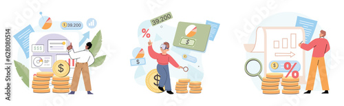People analysis budget. Calculate financial plan of save income and expense management. Finance productivity graph, return investment chart, budget planning, expenses, accounting report, income growth