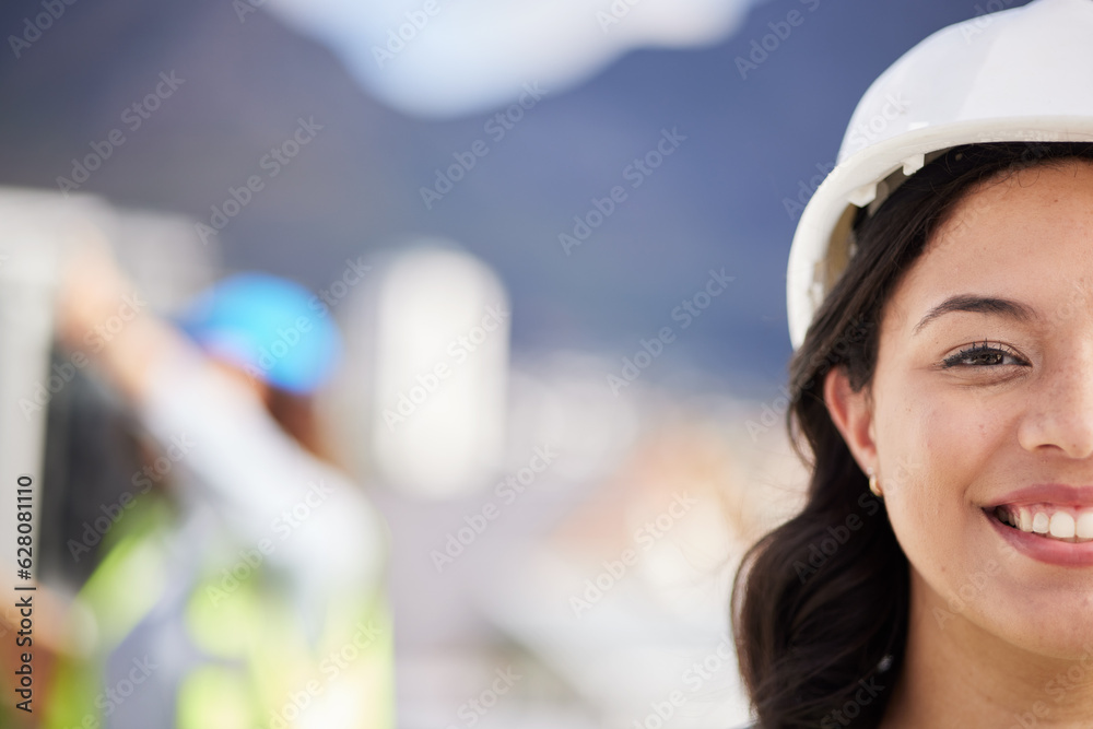 Woman, engineering portrait and city construction site, project development and infrastructure design. Happy face of architecture person, contractor or industrial worker in helmet and outdoor mockup Woman, engineering portrait and city construction site, project development and infrastructure design. Happy face of architecture person, contractor or industrial worker in helmet and outdoor mockup