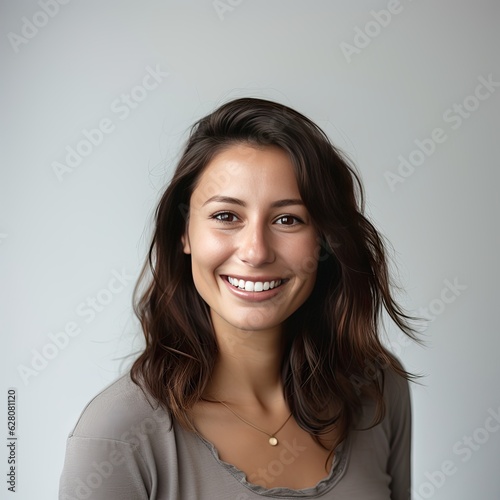 a portrait photo of a smiling woman white background