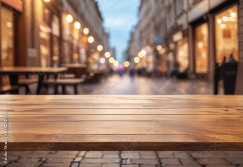 Empty wooden table with blurred street background photo