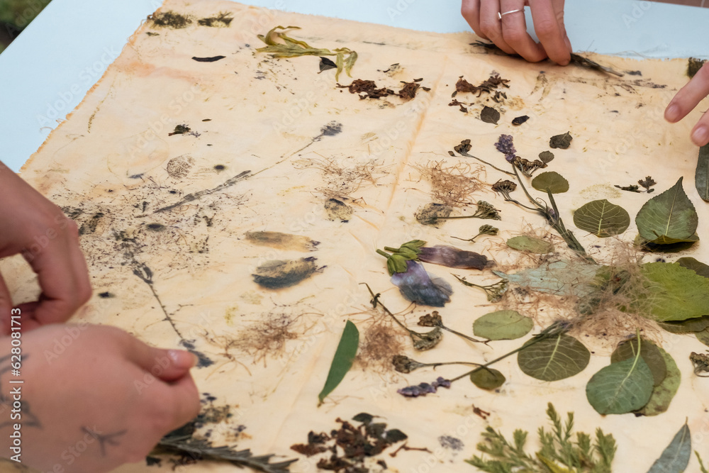 Eco-printing is a technique where plants, leaves and flowers leave their shapes, color, and marks on fabric
