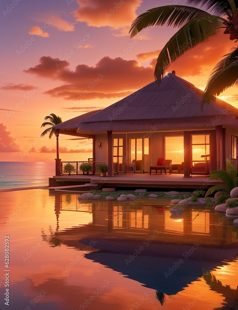 A tranquil bungalow illuminated by a vibrant Caribbean sunset, its silhouette creating a mesmerizing reflection. Generative AI