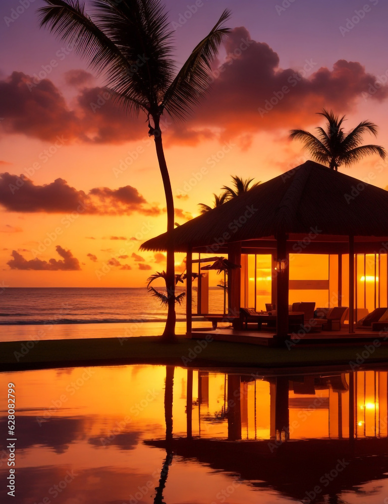 A tranquil bungalow illuminated by a vibrant Caribbean sunset, its silhouette creating a mesmerizing reflection. Generative AI